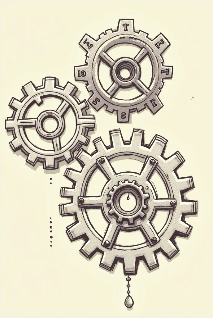 Make a picture of three gears, two big one small connected, steam punk style drawing, with drawing strokes, with thicker lines as if it were a drawing, digital drawing, animated cartoon, without drops