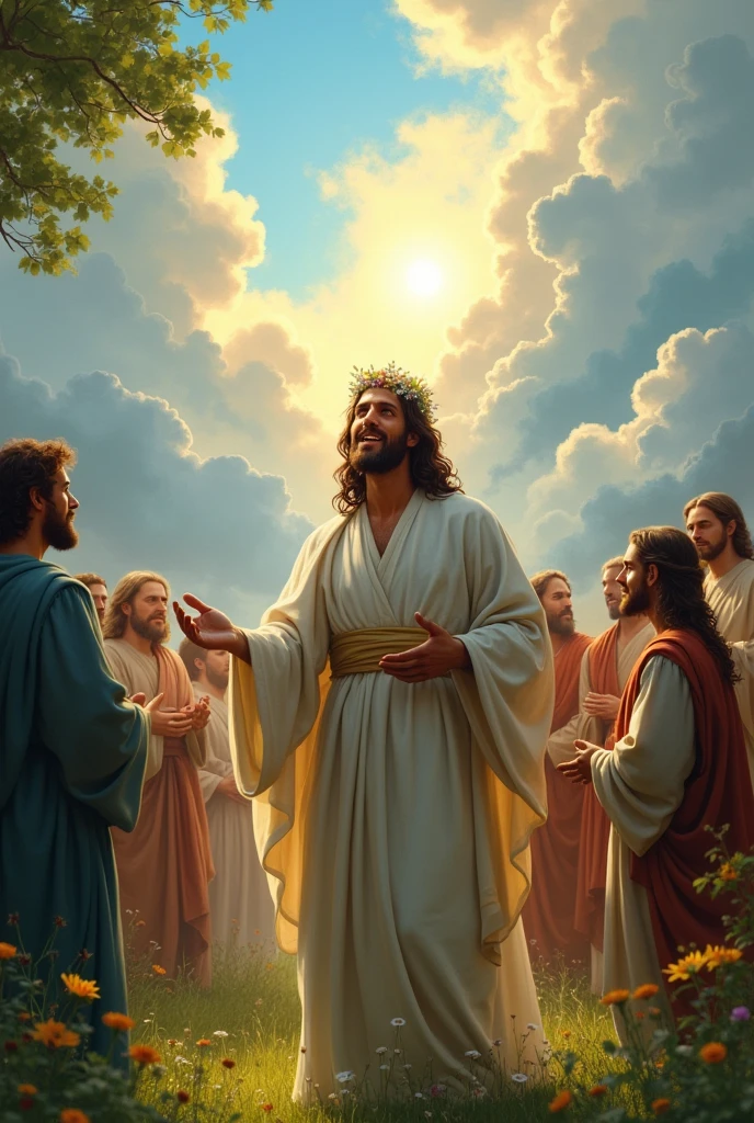 Jesus in the garden of Ernden with a crown of flowers on his head laughing looking at the sky and seeing God in the clouds and praying and his disciples by his side