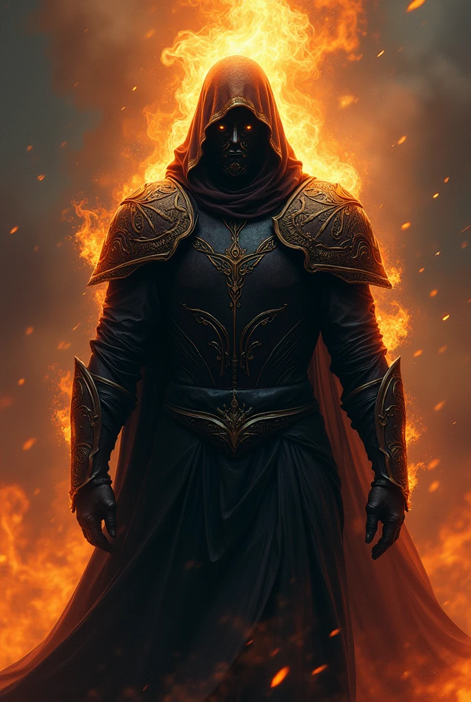 Portrait image of the back and face of a dark wizard, a powerful masked hooded wizard, wearing armor with fire powers