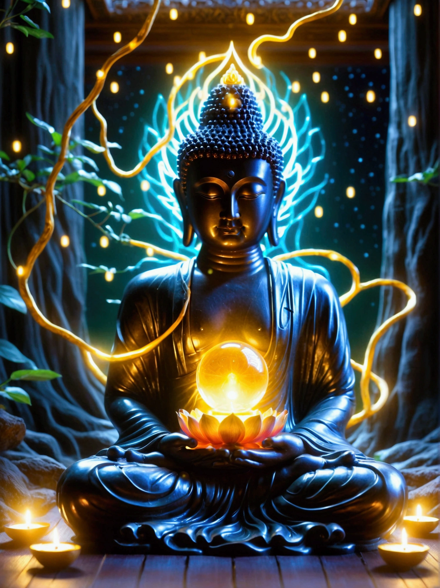 buddha with glowing lights and a glowing orb, buddhism, enlightenment. intricate, glowing from within, spiritual enlightenment, the buddha, on path to enlightenment, on the path to enlightenment, cosmic enlightenment, enlightened, beautiful depiction, emanating and flowing energy, samsara, glowing golden aura, an interdimensional being, the sacred cup of understading