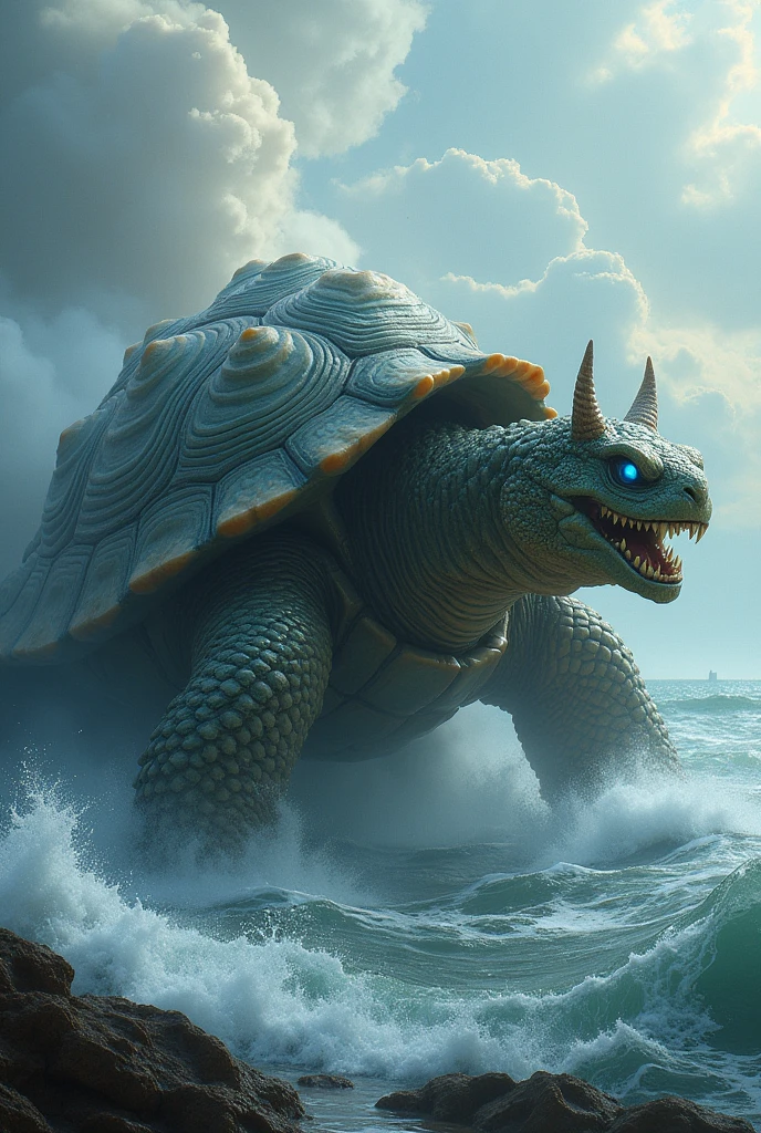 China-style,Chinese mythology,Dragon turtle,faucet,angled,Turtle body,Giant tortoiseshell shell,(Heavy tortoiseshell shell:1.4),The tail of the snake grows out,has horns on its head,cough,Ferocious,gargantuan,The eyes glow blue light,the sea,Huge waves,surrounded by cloud,The scene is,Full body like, highly detailed surreal vfx,oc rendered, - AR 16:9 --q 2 --s 1000