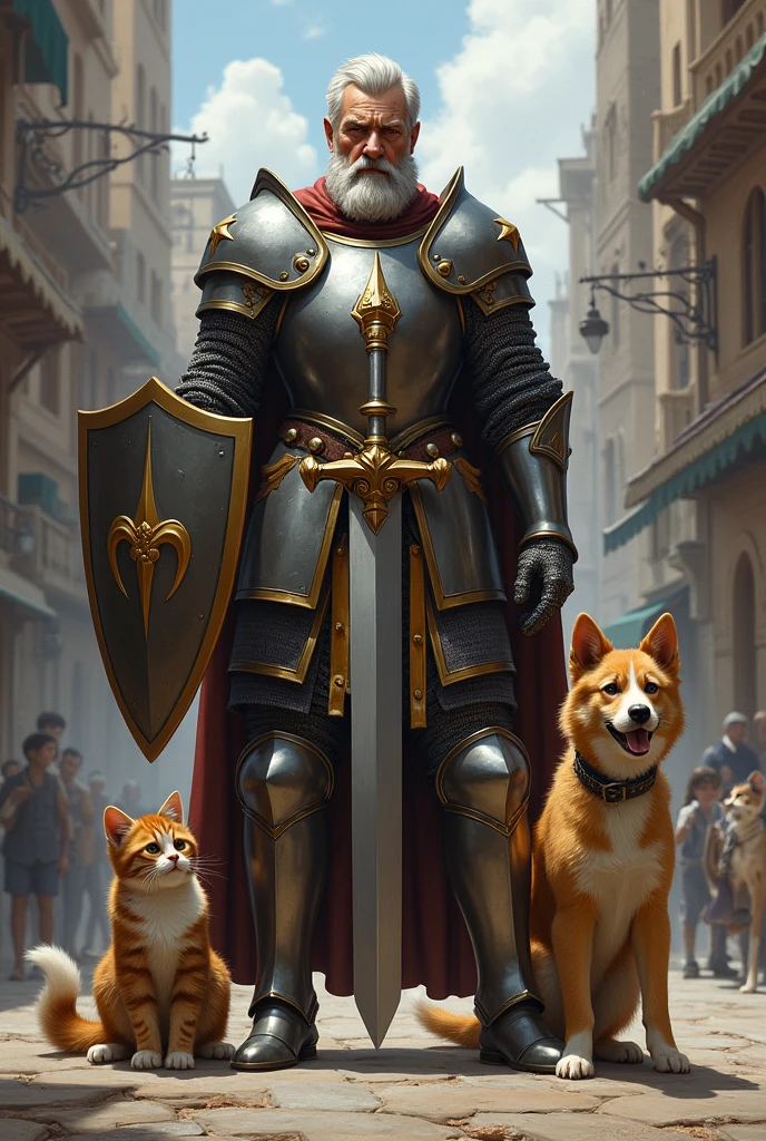 Knight with sword and shield protects dog and cat from street