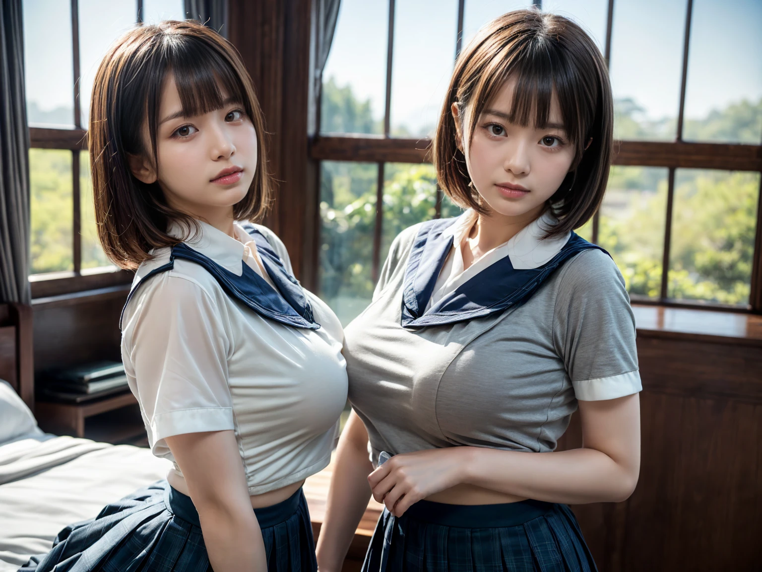 (RAW photo, 4k, masterpiece, high resolution, extremely complex) (realistic: 1.4), cinematic lighting
 ((2 girls, 2 schoolgirls)),Slam Dunk's,blushing,((innocent)),(Dark makeup),bright eyes,round eyes,blunt bangs,(short bob hair:1.3),black hair,large breasts,wide hips,Summer Noon, ,Hot, (Best Quality), (Highres), (an Extremely Delicate and Beautiful),(Beautiful 8k face),(Brown eyes),short bob hair,( spectators),(gigantic breasts),(Play with each other,Touching each other's bodies,Touching the body),(Japanese high school uniform:1.3),blue skirt,(reality),bright lighting,(The background is a luxury hotel room)