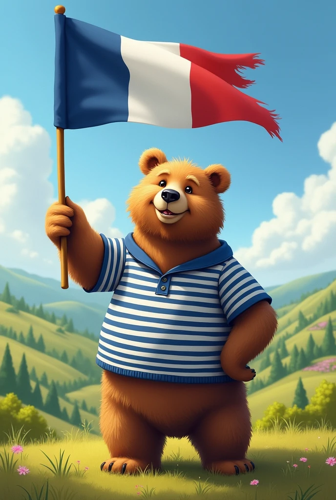A bear wearing a French shirt holding the French flag