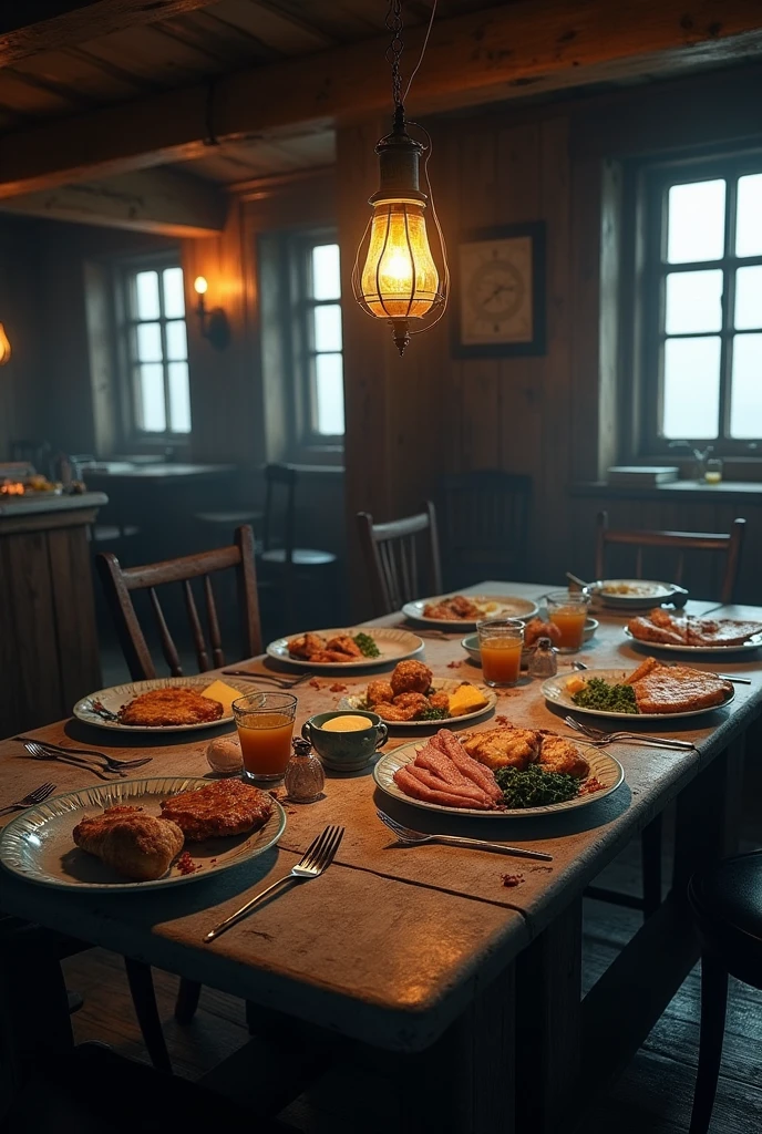 Unfinished meal on table inside Flannan Isles lighthouse