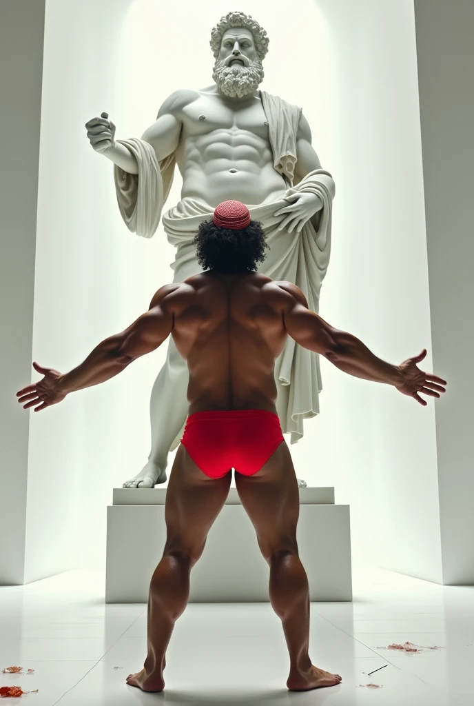 Young strong hairy bearded Puerto Rican man in red underwear, Islamic cap on the head, standing, in a large white hall with open arms and hands extended towards and facing the strong statue of Zeus. Shirt and pants fallen on the floor.