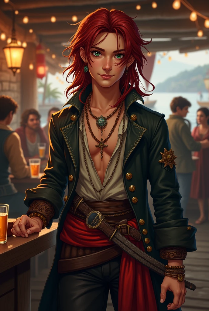 Generate the image of a pirate for a DnD campaign total body. A male pirate around 20 years old with an happy expression. He has long dark red hair and he had no facial hair. His eyes are dark green and he has a scar on his left eye. He’s wearing a leather trench coat, under the coat a soft shirt open, he’s wearing a belt with a red band, on the side he had two sabers and two XVI century guns. He’s wearing many bracelets and necklaces, he has many tattoo. He’s at the pub drinking rum, in the background the harbor of Tortuga