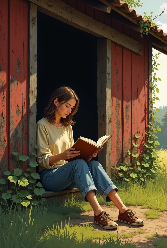 A serene rural scene unfolds as a young woman, dressed in casual 1980s attire, sits peacefully by an old, weathered barn. The barn's deep shadows frame her figure, creating a sense of intimacy. She is engrossed in a book, her eyes lost in the pages, while the warm, golden light bathes her in a comforting glow, highlighting her reading activity and the rustic surroundings. The barn, with its faded red paint and ivy-covered walls, stands as a testament to the passing of time, adding a sense of nostalgia to the scene.