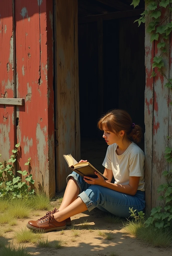 A serene rural scene unfolds as a young woman, dressed in casual 1980s attire, sits peacefully by an old, weathered barn. The barn's deep shadows frame her figure, creating a sense of intimacy. She is engrossed in a book, her eyes lost in the pages, while the warm, golden light bathes her in a comforting glow, highlighting her reading activity and the rustic surroundings. The barn, with its faded red paint and ivy-covered walls, stands as a testament to the passing of time, adding a sense of nostalgia to the scene.