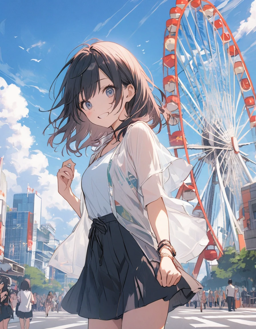 1girl, Japan City, Ferris wheel, Summer Clothes,