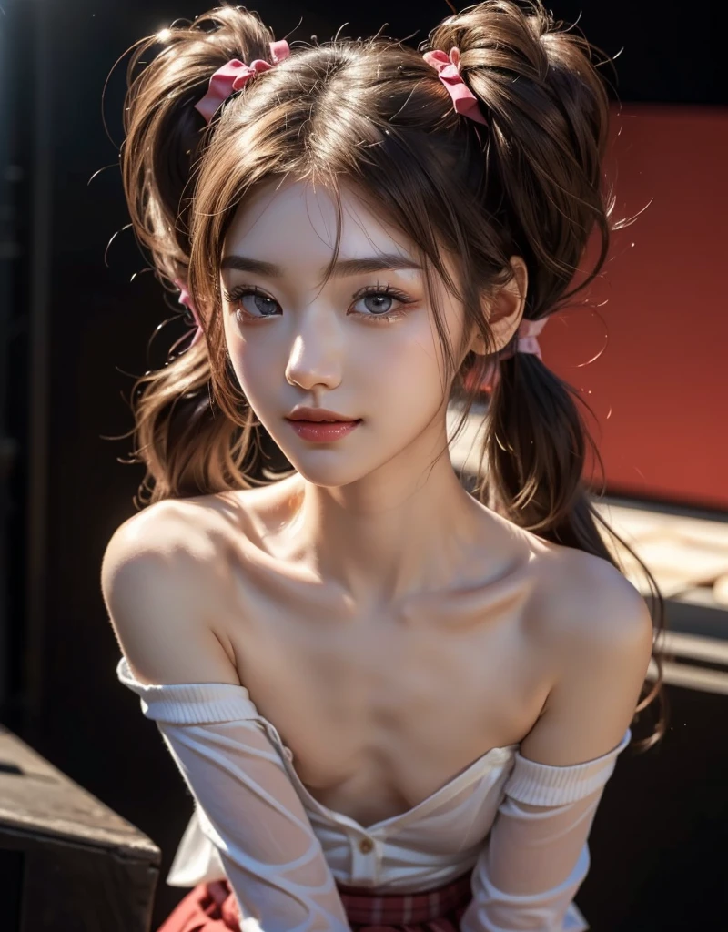 NSFW,(Masterpiece, BestQuality:1.3), (ultra detailed 8k cg:1.2), (hyperrealistic:1.35), (Photorealistic:1.45), (realistic:1.4), 8k,((Highest quality)),((masterpiece)),BREAK,((one girl)),(detailed),(in stage:1.7),((One pers)),((perfect anatomy)),nsfw,((nude)),(naked),((17years old)),((school uniform )),(Long sleeve),((checked red skirt )),(flat chest:1.58)),(stare at viewer with stern eyes:1.5),((delicate face and eyes)),((one girl)),(bitting own lip:1.1),(angry:0.9),nose blush,(shamefull:1.2),(twin tails:1.4),(beautiful hair),surprised, ((beautiful realistic face)),((skinny:1.5)),(delicate face and eyes),Beautiful Korean Women, Beautiful young Korean woman, Young and adorable Korean face, Gorgeous Young Korean Woman, Korean Girls, Girl cute beautiful face, Portraits of Korean female idols,(Holding a microphone),((finely detailed face)),(big eyes:1.2),((beautiful eyes)) ((glistening eyes)),((glistening eyes )),((large eyes)),(( pretty eyes)),((A bow tie:1.2)),(detailed),(Perfect Face),(Lanky:1.2),((One person)), ((clear eyes)),((show nipples)),((beautiful skin)),don't wear anything ,(upper body),(Equal left and right eyes),(Slender:1.5),(nsfw:1.5),(show nipples),(don't wear anything),(nipples facing upwards), correct arm,((slim body)),collarbones,(smile)