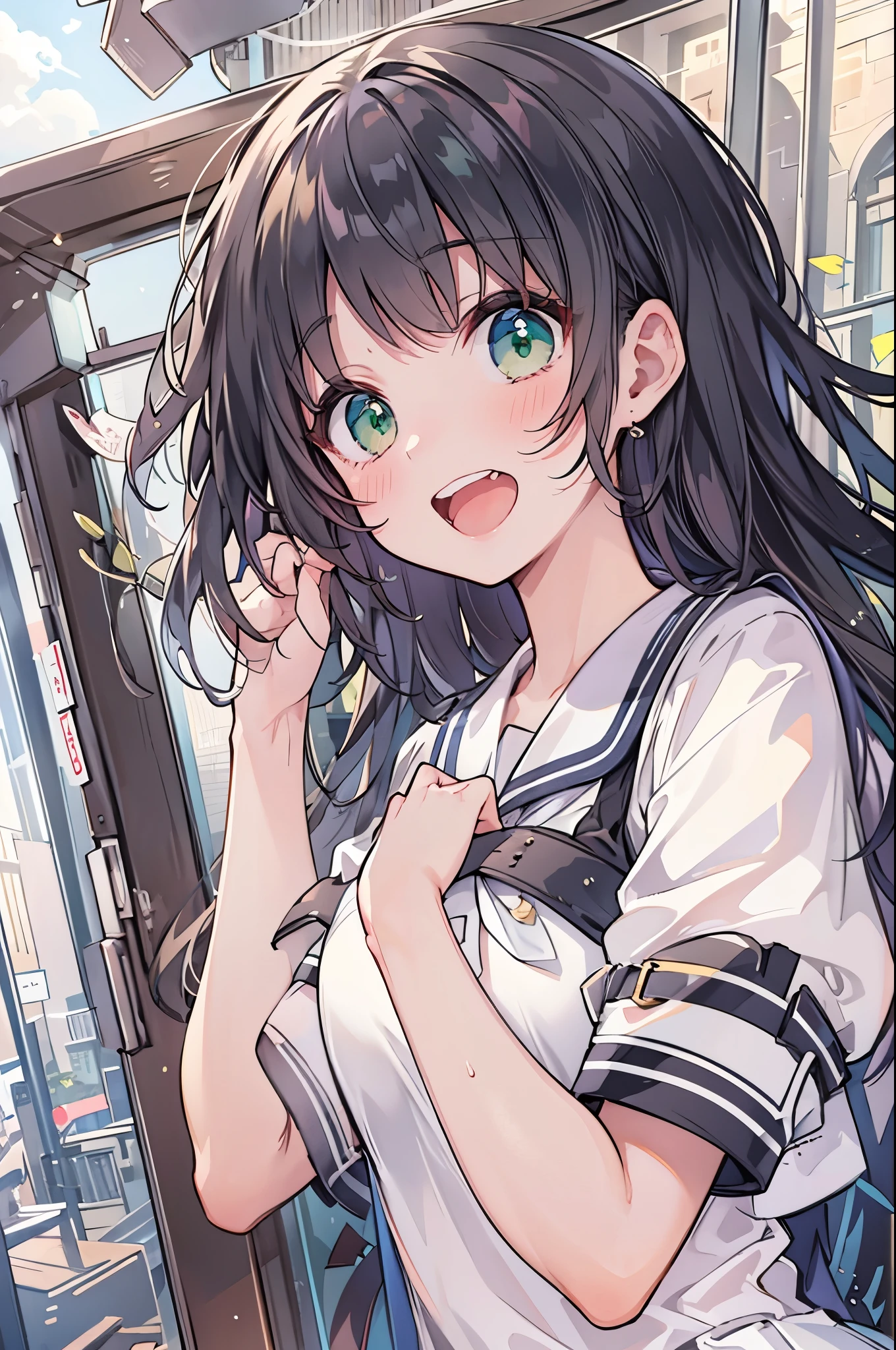 ((2-panel cartoon)),((Highest quality, 8k, masterpiece: 1.3)), whole body,1 personの,1 person,,Glamorous Body,cute,smile,Open your mouth,Black Hair,Beautiful emerald green eyes,long hair,Stand in front,Sailor suit,White short sleeve blouse,tie,Black pleated mini skirt,loafers,Cute gestures,