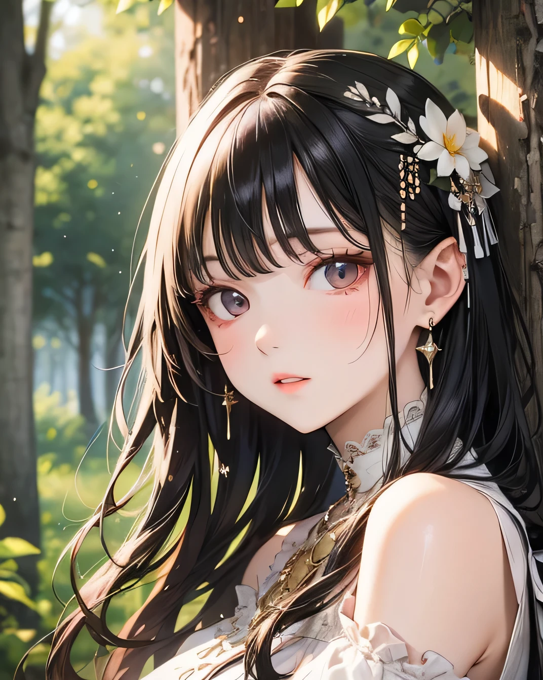 masterpiece, Highest quality, Ultra-high resolution, Fluorescent color,, 1 person, Looking at the audience, Beautiful Face, Beautiful Eyes, (Off the shoulder: 1.2), Lift your head, Upper Body, forest, Shiny Hair, Glowing Skin, Shining Cut,
