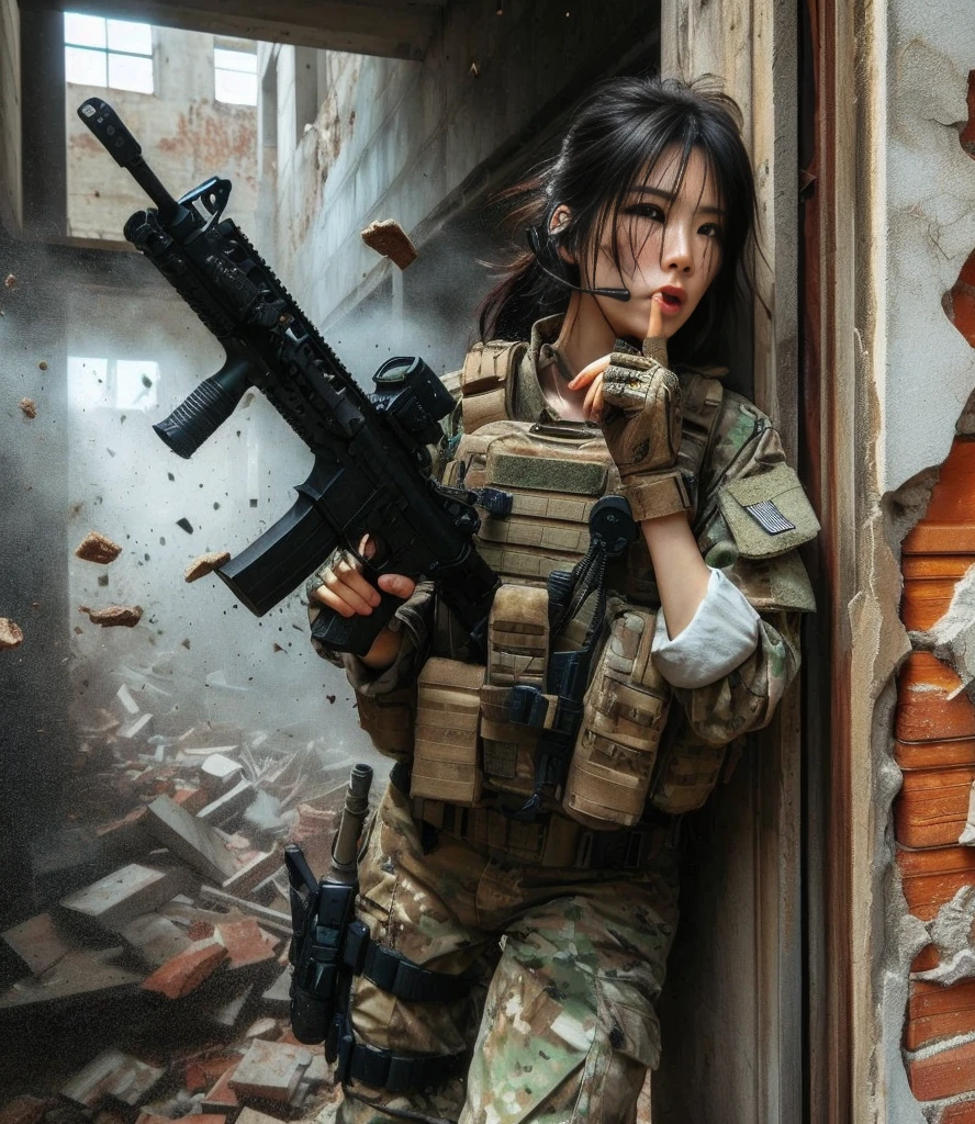 8K, realistic photo, realistic skin texture, Beautiful Japanese women in the US military、Outside the building、explosion、Close call、Walls bursting with debris、They are shouting to evacuate immediately.、Automatic rifle、Bulletproof vest、Back Back、boots、Covered in scars、Grim expression、Dynamic pose、Innovative composition、Dust is flying、傷だらけ