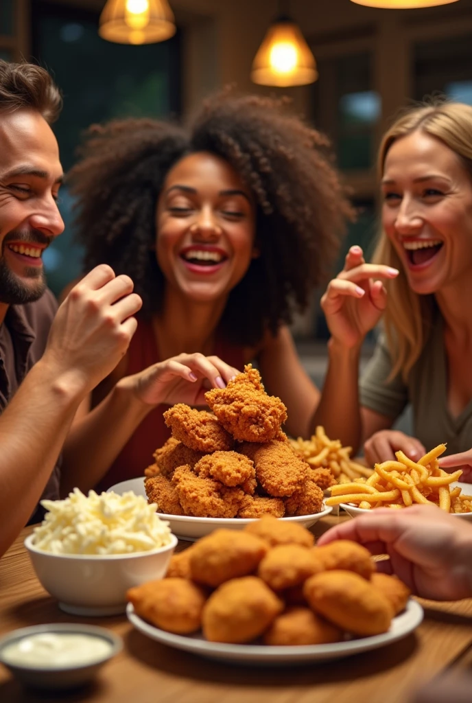 A group of people enjoying delicious food from KFC. Make a real picture out of it.