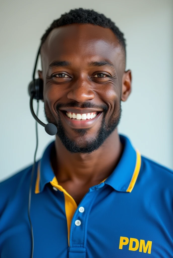 Black adult man, with little hair, Cao Cao, small smile, with lapel headset, wearing blue polo shirt with yellow collar, small mouth, shirt with "PDM" of print, short goatee