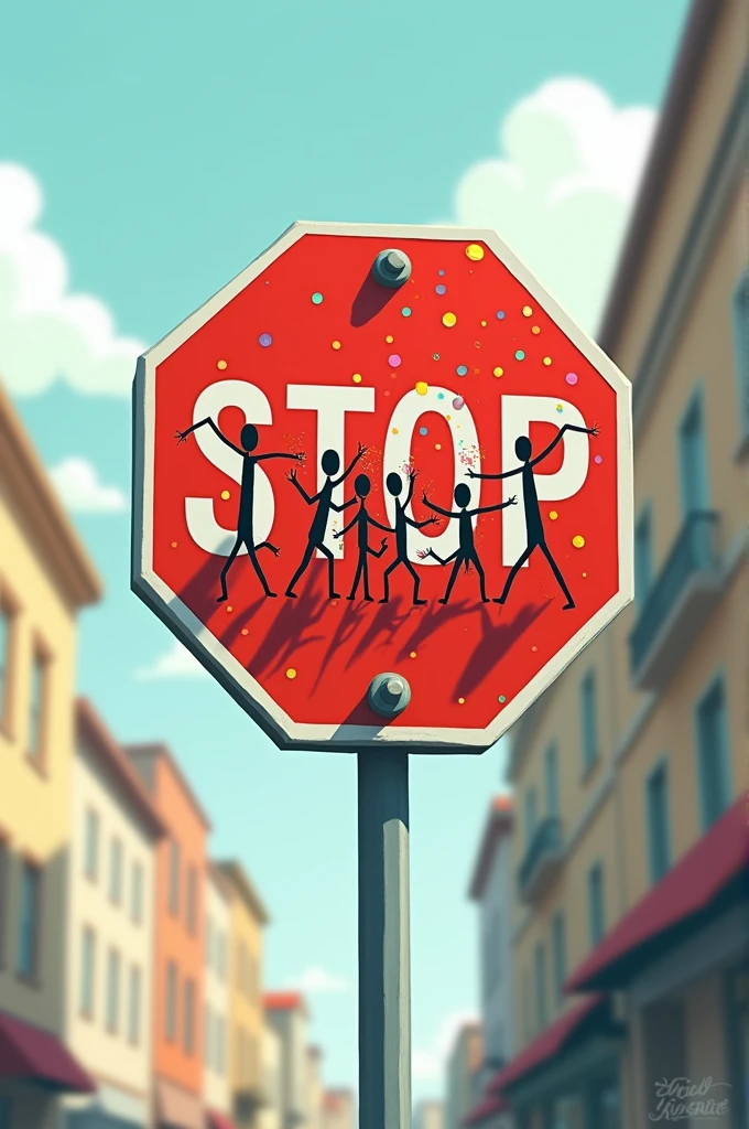 A stop sign, No writing, but with a drawing of several sticks at a