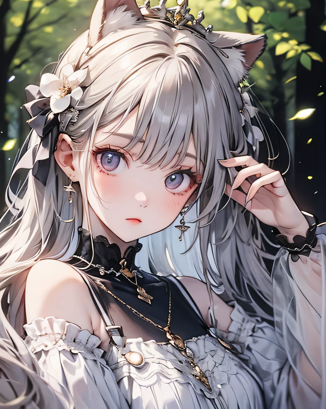 masterpiece, Highest quality, Ultra-high resolution, Fluorescent color,, 1 person, Looking at the audience, Beautiful Face, Beautiful Eyes, (Off the shoulder: 1.2), Lift your head, Upper Body, forest, Shiny Hair, Glowing Skin, Shining Cut,