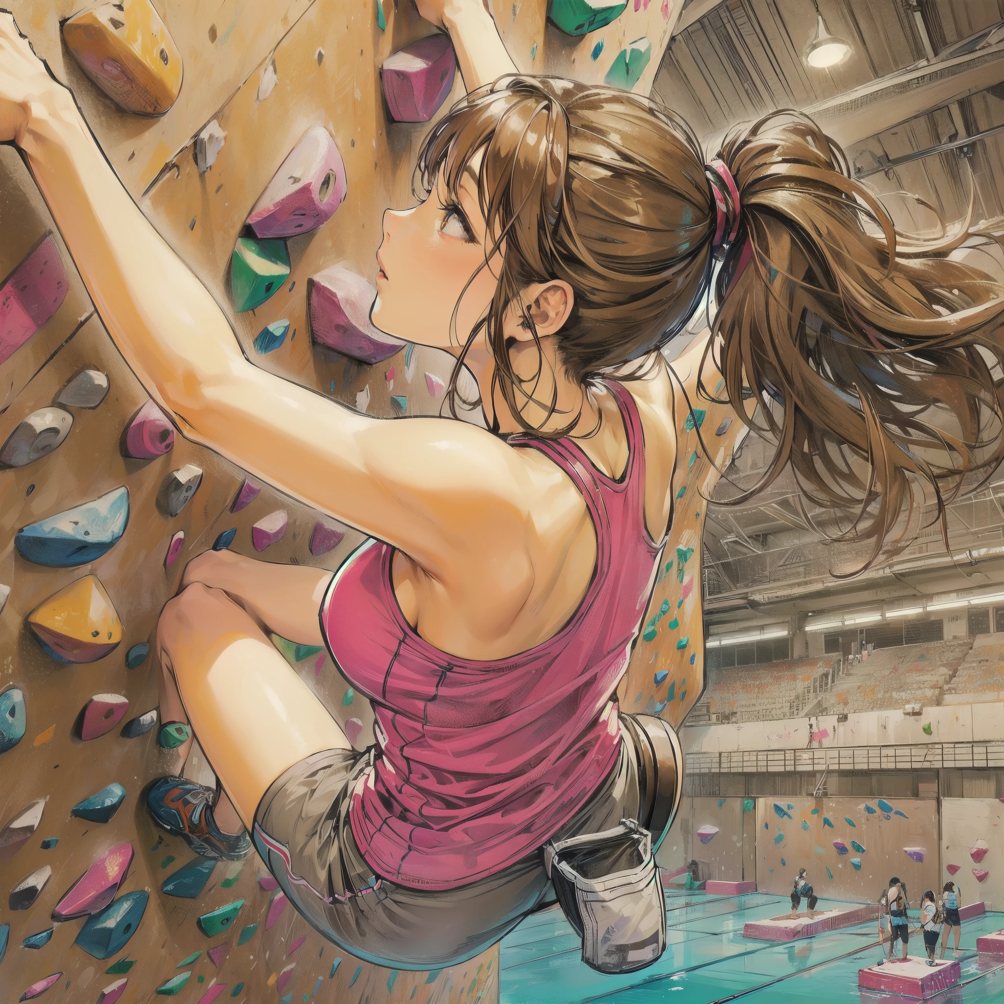  masterpiece, (textured skin), best quality, gorgeous beautiful girl, (a female sport climbing athlete), detailed clothes,large breasts,narrow waist,, (beautiful face), cinematic lighting, (at sport climbing venue ),