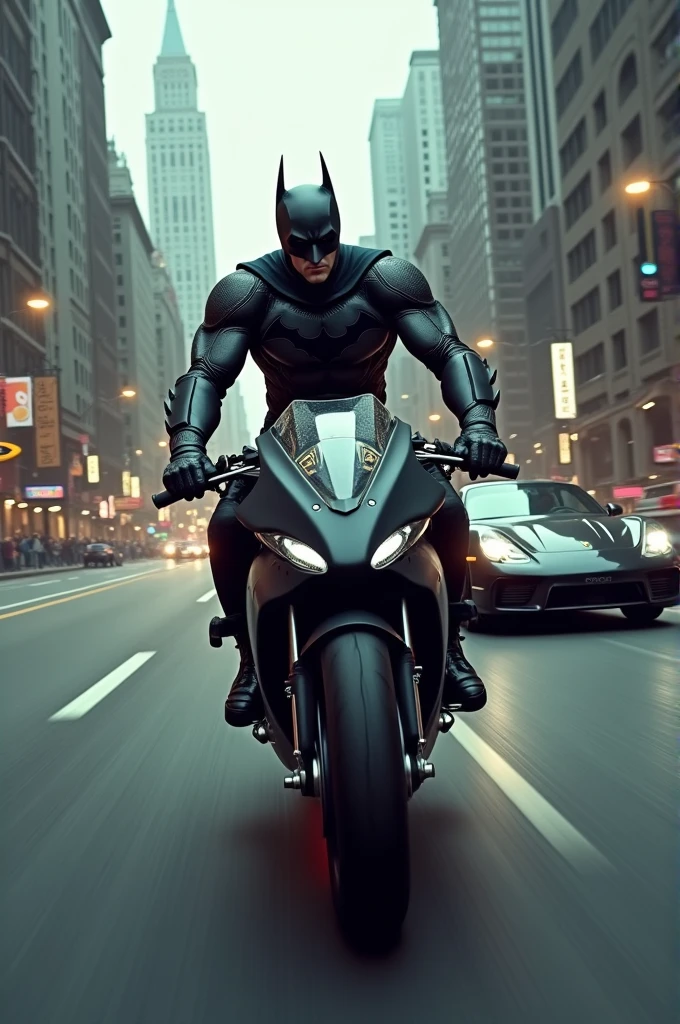 A batman riding a bullet bike and costume has written Saif. He's following a Porsche. He's riding on a broad road surrounded by huge and interesting buildings and he is a Porsche 