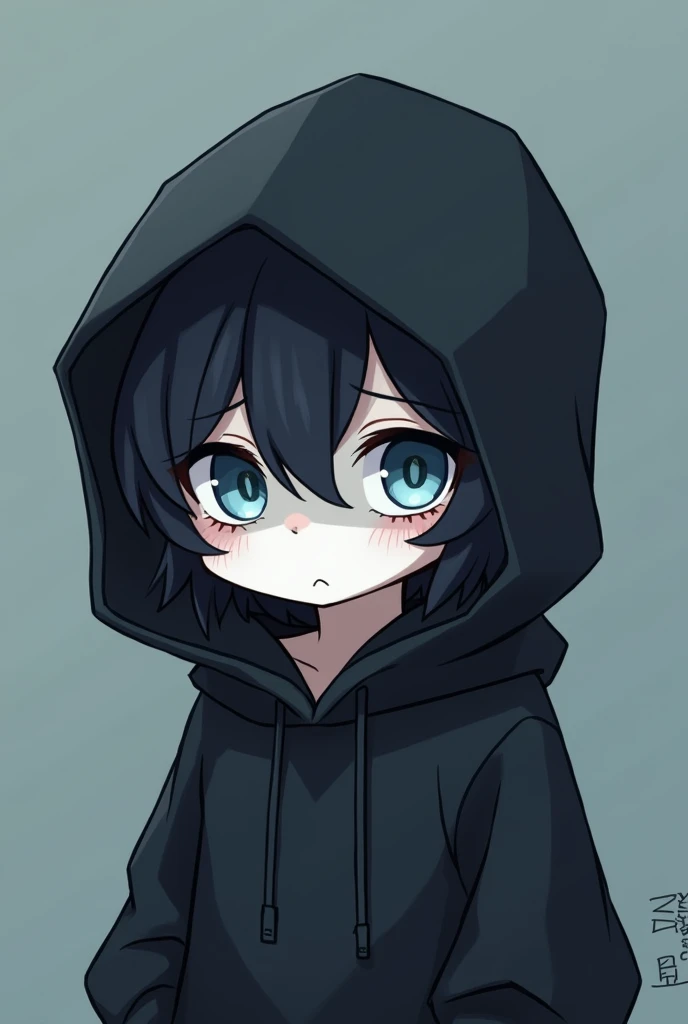 White Mask,male,Black Hair, Asymmetrical bangs, Parting the bangs,Blue Eyes,Drooping eyes,,Black hoodie,smartphone,computer,Simple background,cool,Illness,Confused eyes,Distributor,Chibi Character