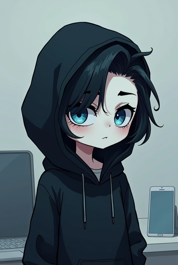 White Mask,male,Black Hair, Asymmetrical bangs, Parting the bangs,Blue Eyes,Drooping eyes,,Black hoodie,smartphone,computer,Simple background,cool,Illness,Confused eyes,Distributor,Chibi Character