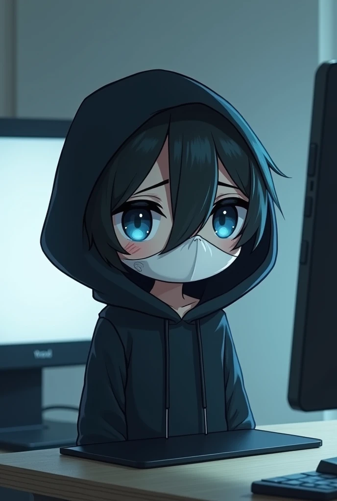 White Mask,male,Black Hair, Asymmetrical bangs, Parting the bangs,Blue Eyes,Drooping eyes,,Black hoodie,smartphone,computer,Simple background,cool,Illness,Confused eyes,Distributor,Chibi Character