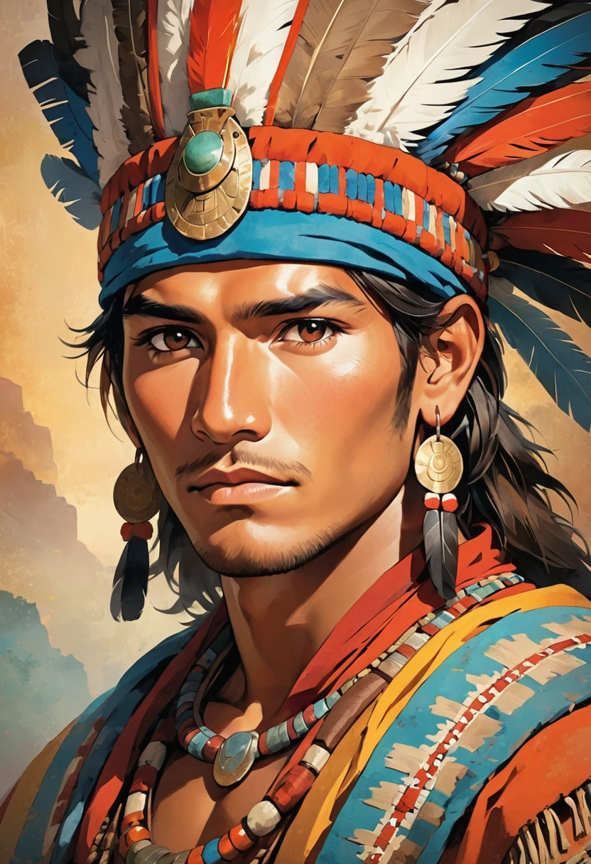 (masterpiece, best quality),one youngman man portrait,shaman of the inca empire,male,portraits of heroes of the inca empire from the 1500's,Faded portrait,waist shot,