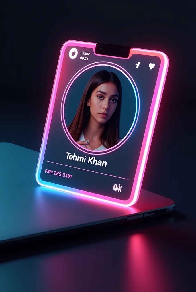 Prompt: Create a Instagram profile on glass id card on a Black desk displaying Instagram logo and realistic profile photo of a girl in circle and " tehmi khan " is written in bold fonts under the profile photo and 00.1k Followers written, the card is glowing in pink and blue color on the edge, One corner is held with two fingers....less