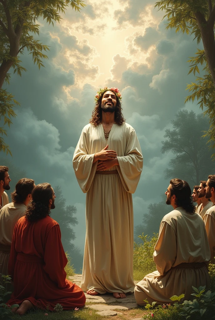 Jesus in the garden of Ernden with a crown of flowers on his head laughing looking at the sky and seeing God in the clouds and praying and his disciples at his side on their knees
