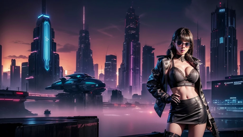 (Wide angle view). Blade Runner style futuristic city, simple outlined neon tall buildings, glowing giant clock tower, flying cars, helicopter, lightning, 3D rendering Beeple. At night, (1girl, solo, alone), photorealistic, medium-breast slim:0.6 body, oval:0.6 face, cleavage:1.1, sexy black laced bra, glove, deep-V, (very low angle view of miniskirt), white laced panty, coat, (Matrix style black micro sunglasses), ((aiming viewer with a short gun)), (running pose), (half-body thigh level close-up shot), cinematic lighting, ray tracing.