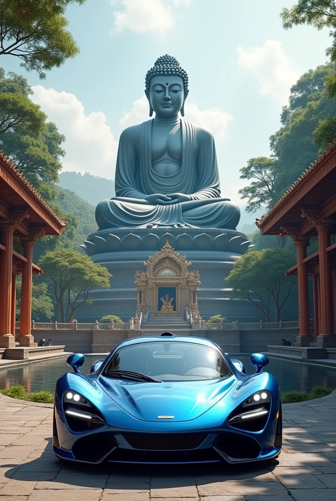 there is a metallic blue sports car at the base of massive Buddha statue, Buddhist temple background 
