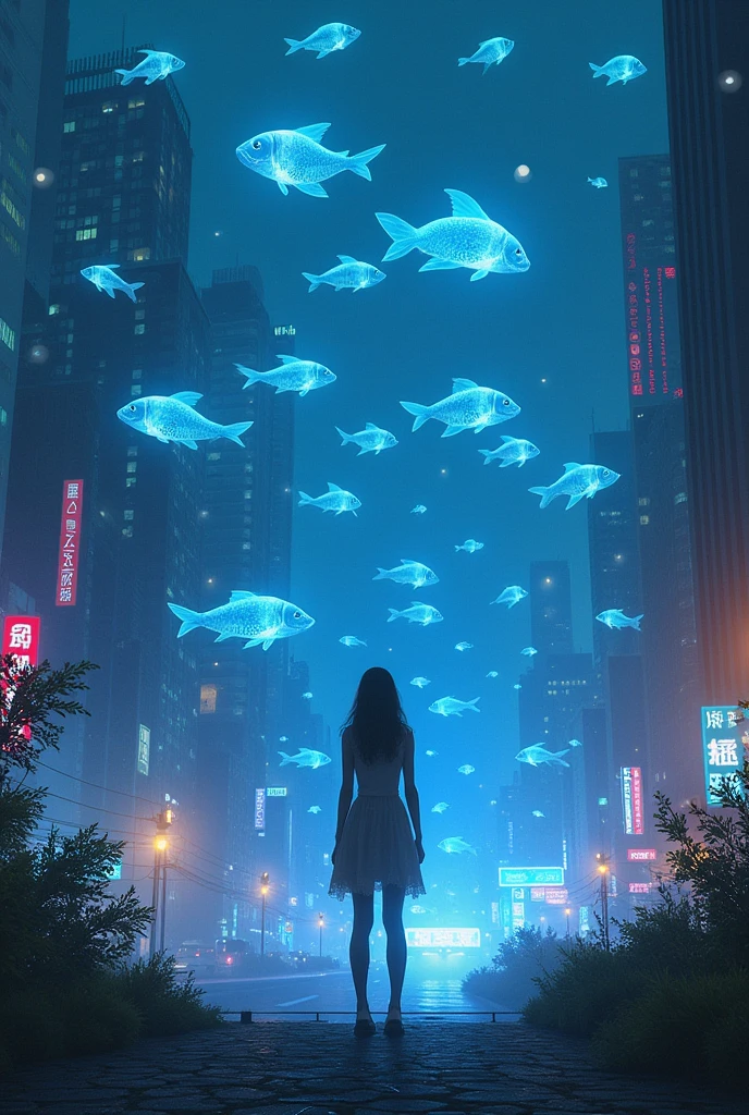 City night city street fish in the sky girl in the middle 