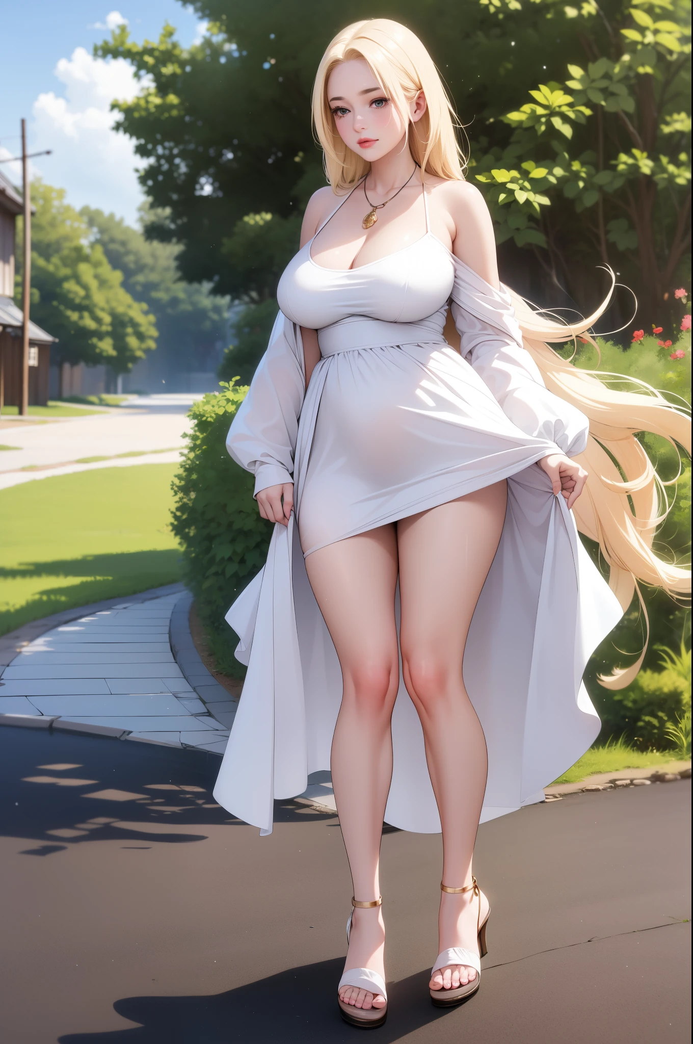 An extremely beautiful stunning woman with a perfect busty body, gold blonde long silky hair, big blue eyes, extremely super bright snow white fair stunning flawless glowing lush shiny white skin, a perfect tight hourglass figure, and a skinny waist, sexy thick smooth luscious legs and thighs, extremely cute smile on the face, bright pink blushes on cheeks, wearing a short revealing white floral dress with a yellow off-shoulder tan cardigan, pink flipflop sandals, gold necklace on the neck, gold anklets on feet, standing straight, holding a red rose, garden in the background, show full body from head to feet.