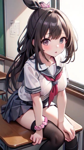 throw、(Leaning forward:1.5)、(High Ponytail:1.3)、(school uniform, Short sleeve:1.5)、mini skirt、(hair ornaments:1.2)、(Wrap a scrunchie around your left wrist:1.2)、(Black knee-high socks:1.5)、Browsing Caution、Clear Eyes、8k、 student、Best image quality、masterpiece、Perfect Anatomy、Kogal、Plump thighs、Bitch、School、Absolute area、Large Breasts