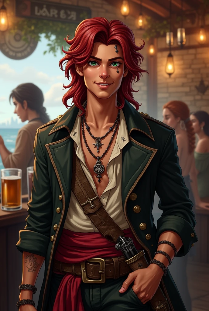 Generate the image of a pirate for a DnD campaign total body. A male pirate around 20 years old with an happy expression. He has long dark red hair and he had no facial hair. His eyes are dark green and he has a scar on his left eye. He’s wearing a leather trench coat, under the coat a soft shirt open, he’s wearing a belt with a red band, on the side he had two sabers and two XVI century guns. He’s wearing many bracelets and necklaces, he has many tattoo. He’s at the pub drinking rum, in the background the harbor of Tortuga