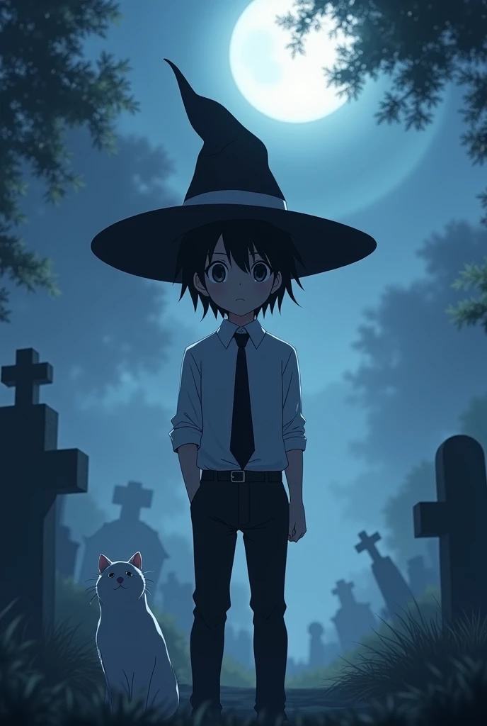 Anime boy with a witch hat and a costume with a white shirt and a black tie and black pants in a cemetery and behind him a white cat and the environment is at night with fog
