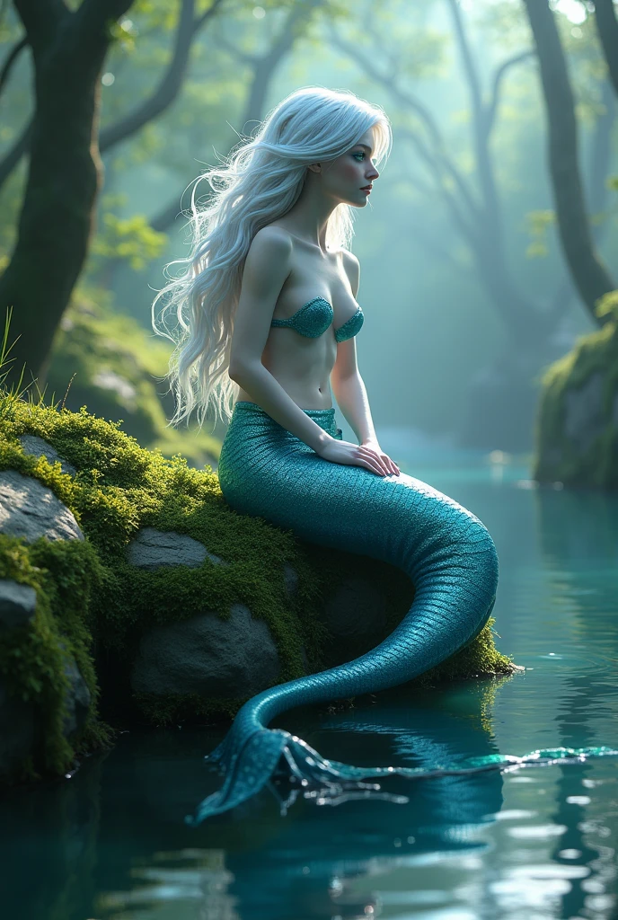 ((best quality)), ((masterpiece)), (detailed), perfect face, a beautiful mermaid with white hair and sky blue reflection, she has sky blue eyes, her scales are sky blue. She is sitting on a hill, under this hill there is a swamp. Down her there is a swamp.