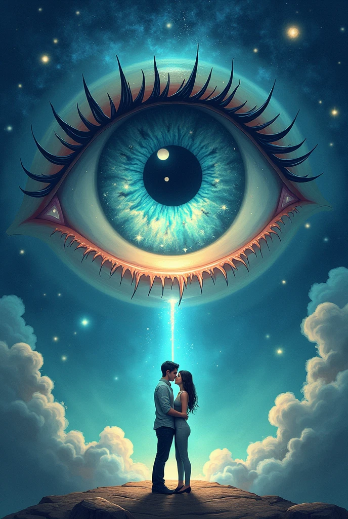 Create me a good book cover like the background is a some sort of the universe and in between or in any part, there is a big mysterious eye, and inside that eye, there is the symbol Yin and Yang, and create a two men holding hands, and show that they are really In love Make it fantasy vibes and make it simple but artistic , emphasize the Yin and Yang on the eye. Make it more cartoonish, make the yin and yang sign as the eye ball