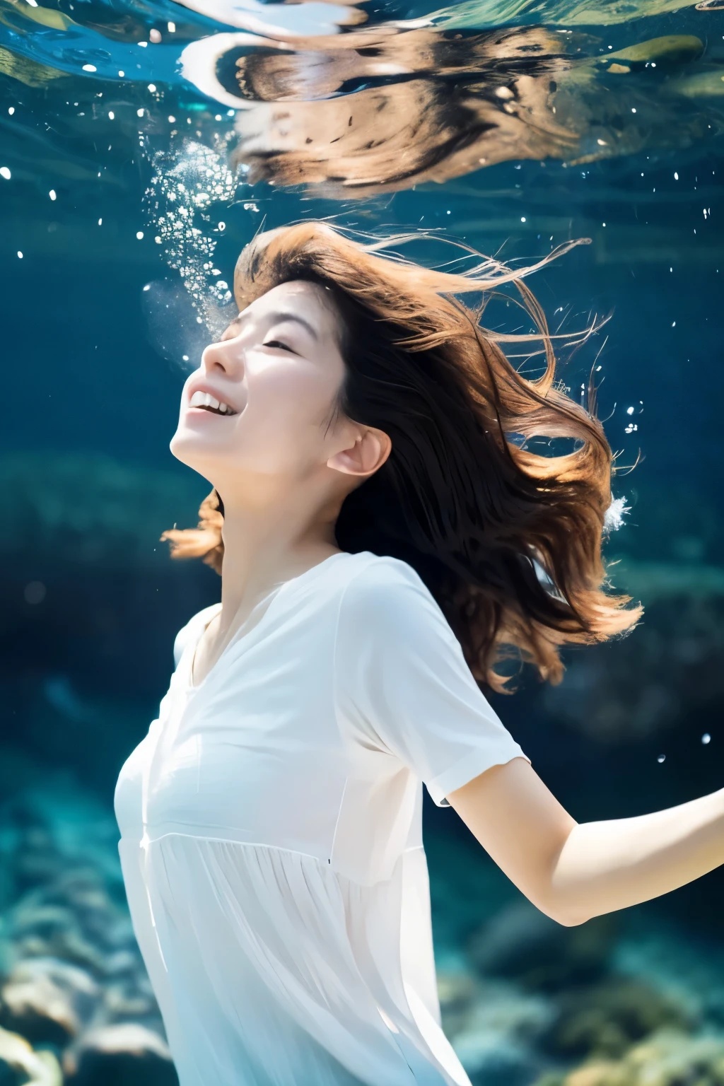 In the deep sea where only air bubbles float, A slender Japanese woman, 30 years old, is facing forward, spreading her arms toward the water and taking a deep breath. Detailed face, detailed eyes, Wearing a white shirt, Healthy and clean, A funny expression, Her hair is swaying like waves