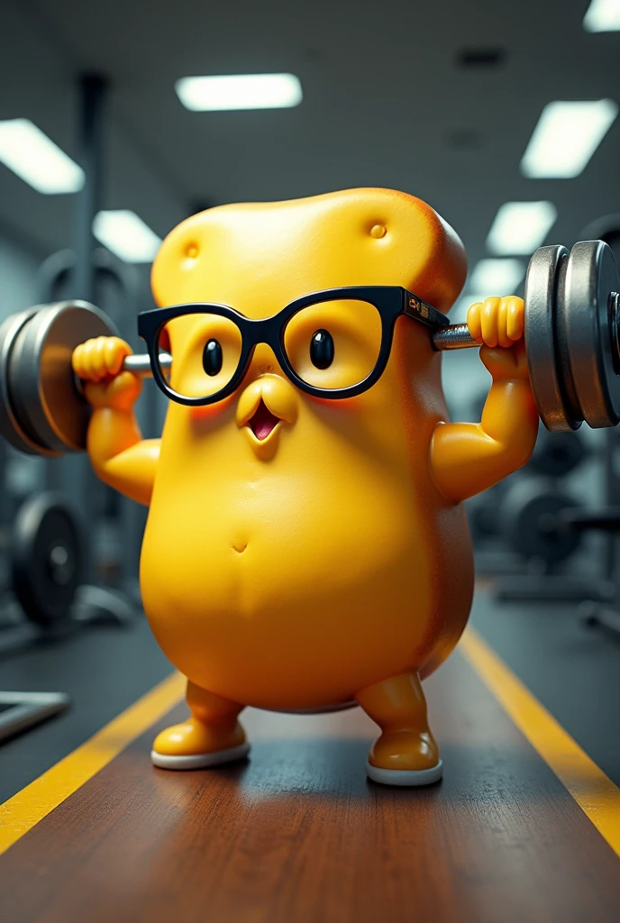 Draw a round cheese bread with glasses lifting weights at the gym