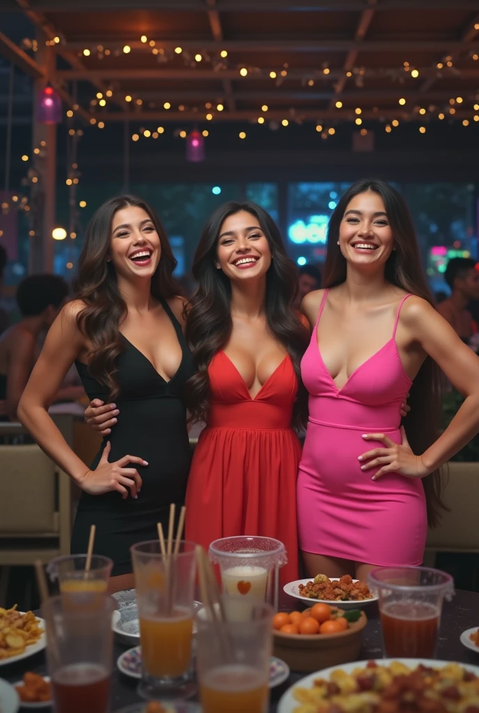 3 beautiful girls having fun at a party, detailed faces, colorful party setting, fairy lights, warm lighting, photorealistic, cinematic, vibrant colors, (best quality,4k,8k,highres,masterpiece:1.2),ultra-detailed,(realistic,photorealistic,photo-realistic:1.37),intricate details,studio lighting,extremely detailed,professional photography,vivid colors,bokeh