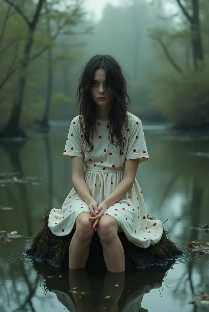 Ugly girl with disheveled hair in a white dress with red polka dots sits on a swamp hummock very realistic photo of the highest quality