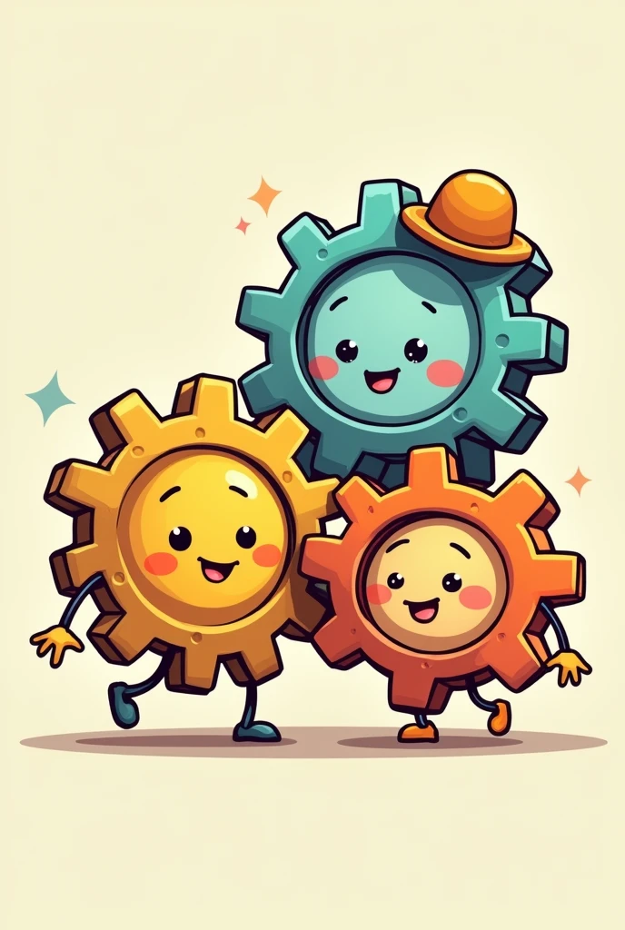Make a picture of three gears, two big one small connected, animated cartoon
