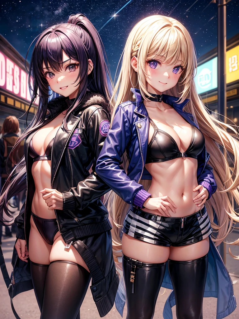 best quality,,smile,blazer,swimsuit,School,group of,Track jacket,Physical education class,JK,Sexy and cute,future,Wearing a fastener bra,zipper bra,Long Hair,She has her bangs down,Purple Eyes,evolution系ファッション,Cuteness at its finest,Sparkling,Leather shorts,beautiful,middle School girlultiple girls are depicted,harem,idol group,infinite possibilities,leather jacket,fur jacket,Hair tucked behind ear,futureの服装,evolution,starry sky background,photo shoot,long hair,wearing a cardigan,beautiful girlの国,girl's paradise,highest quality,big breasts,leather jacket,happy girl,horny girl,Blue eyes,perfect face,standing position,She has her bangs down,fur jacket,Beautiful eyes,smooth hair,perfect eyes,beautiful girl,Angel Girl,multicolored hair colors,naughty girl,beautiful,High-dimensional beautiful girl,Multidimensional beautiful girl,gathering,Group、,