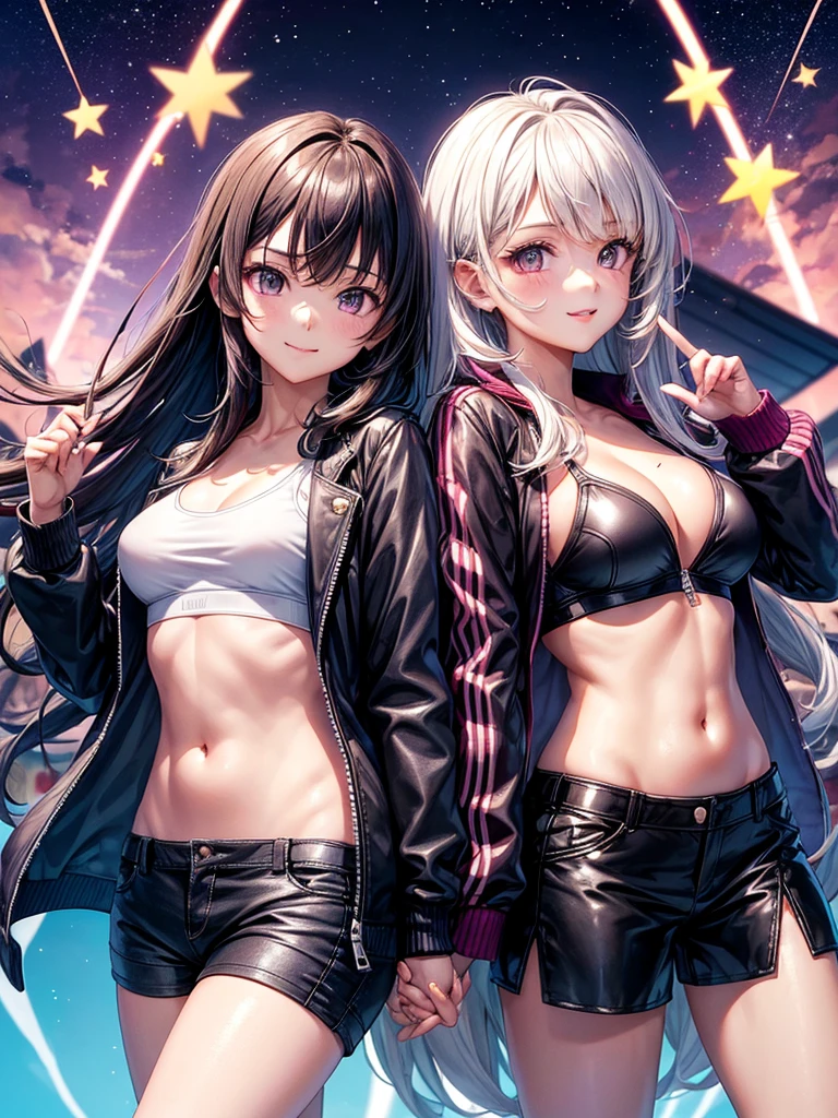 best quality,,smile,blazer,swimsuit,School,group of,Track jacket,Physical education class,JK,y and cute,future,Wearing a fastener bra,zipper bra,Long Hair,She has her bangs down,Purple Eyes,evolution系ファッション,Cuteness at its finest,Sparkling,Leather shorts,beautiful,middle School girlultiple girls are depicted,harem,idol group,infinite possibilities,leather jacket,fur jacket,Hair tucked behind ear,futureの服装,evolution,starry sky background,photo shoot,long hair,wearing a cardigan,beautiful girlの国,girl's paradise,highest quality,bigather jacket,happy girl,horny girl,Blus,perfect face,standing position,She has her bangs down,fur jacket,Beautiful eyes,smooth hair,perfect eyes,beautiful girl,Angel Girl,multicolored hair colors,naughty girl,beautiful,High-dimensional beautiful girl,Multidimensional beautiful girl,gathering,Group、,