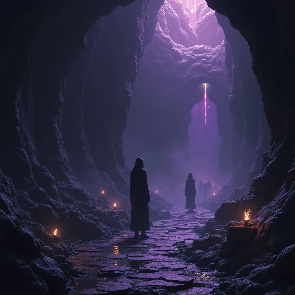 "Design a mysterious and profound image of Hades. Show depth and transformation with symbols like dark caves, hidden treasures, and shadowy figures. Use dark colors like deep purple and black to evoke mystery and introspection, 4k."