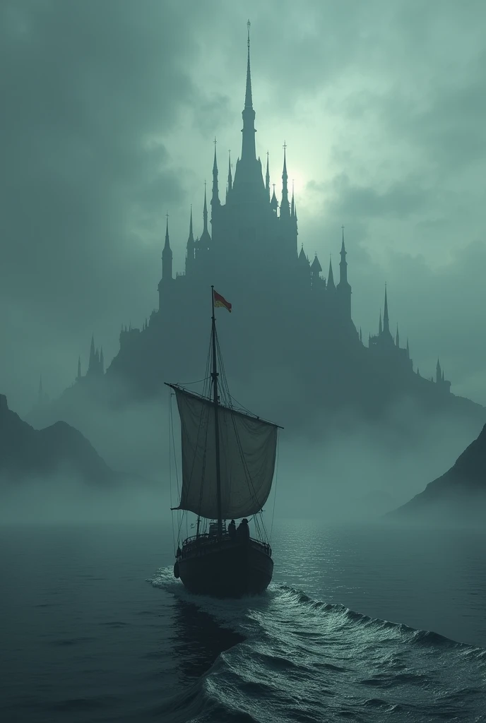 Image du même bateau allant vers une ville sombre sans direction