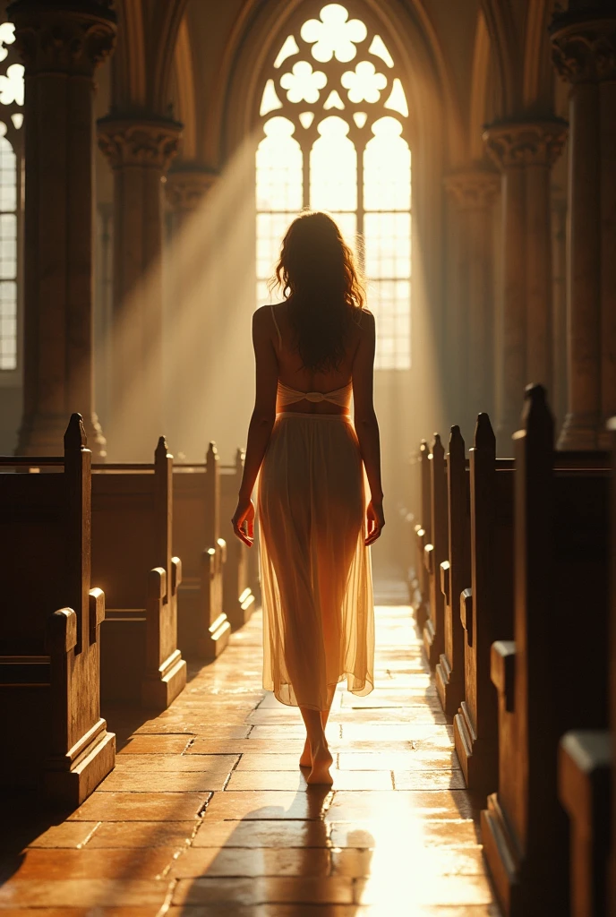 A woman so beautiful for western standards with all her body assets in perfect balance, all of her body parts are natural, no makeup, no esthetic surgery, walking barefooted in a Gothic church that is perfectly preserved and super clean, the whole scene in the image emanates an ethereal vibe, Heavenly mood with elements of dark forces, UE5, hyper detailed, perfect lighting, raytraced, hyper precise rendering, immaculate shadowing, HDR, 64k