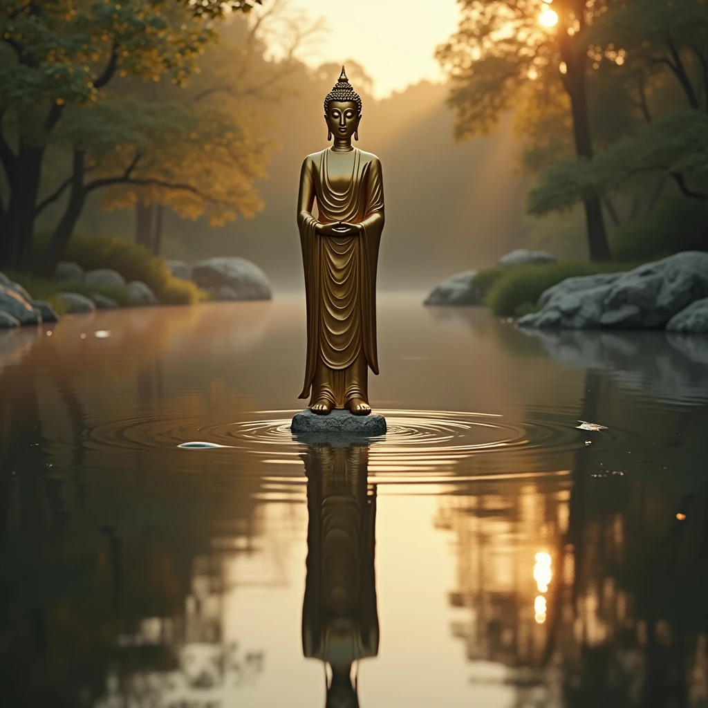 A Buddha statue stands by a quiet lake, with the surface of the lake resembling a mirror, reflecting the image of the Buddha statue. The posture of the Buddha statue is elegant, and the reflection on the water adds a dreamy beauty. The colors are mainly blue of the lake water and gold of the Buddha statue, and the light and shadow are mainly reflected by the sunlight on the water surface. The details are reflected in the ripples on the water surface and the symmetrical beauty of the Buddha statue. Beautiful cinematic lighting, surreal, color graded, dynamic movement, captivating chiaroscuro, full body, award-winning, cinematic still, emotional, vignette, dynamic, vivid, (masterpiece, best quality, photorealistic, Professional, perfect composition, very aesthetic, absurdres, ultra-detailed, intricate details:1.3)